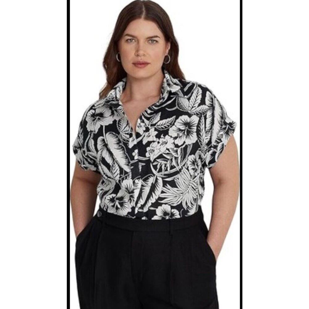 Lauren Ralph Lauren Floral Linen Short-Sleeve Shirt Black/White XL Hawaiian